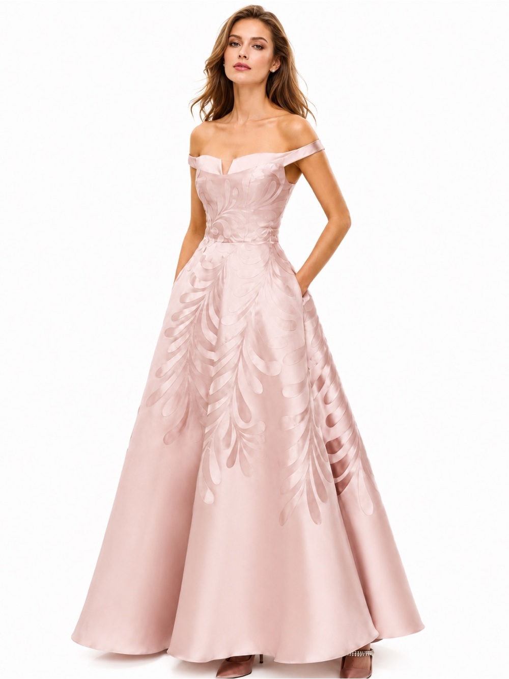NWT Hynes Park Botanical Mikado Blush Off Shoulder Tea Length Gown 14 $1250 MSRP